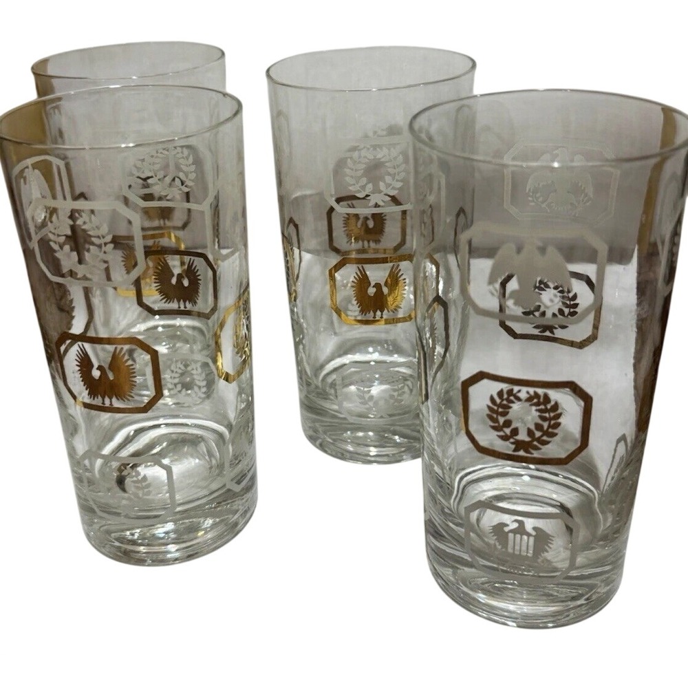 Set of 4 Clear Glass Highball Tumblers Gold Floral Military Vintage Eagle Crest